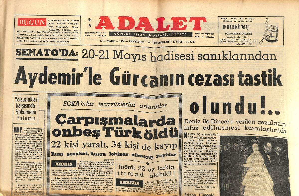 Adalet Gazetesi 12 Mart 1964 - Talat Aydemir İle Fethi Gürcan'ın Cezası Tastik Olundu! - Şükrü Koç'la Mücadele Etmeye Karar Verildi! GZ139814 - 1