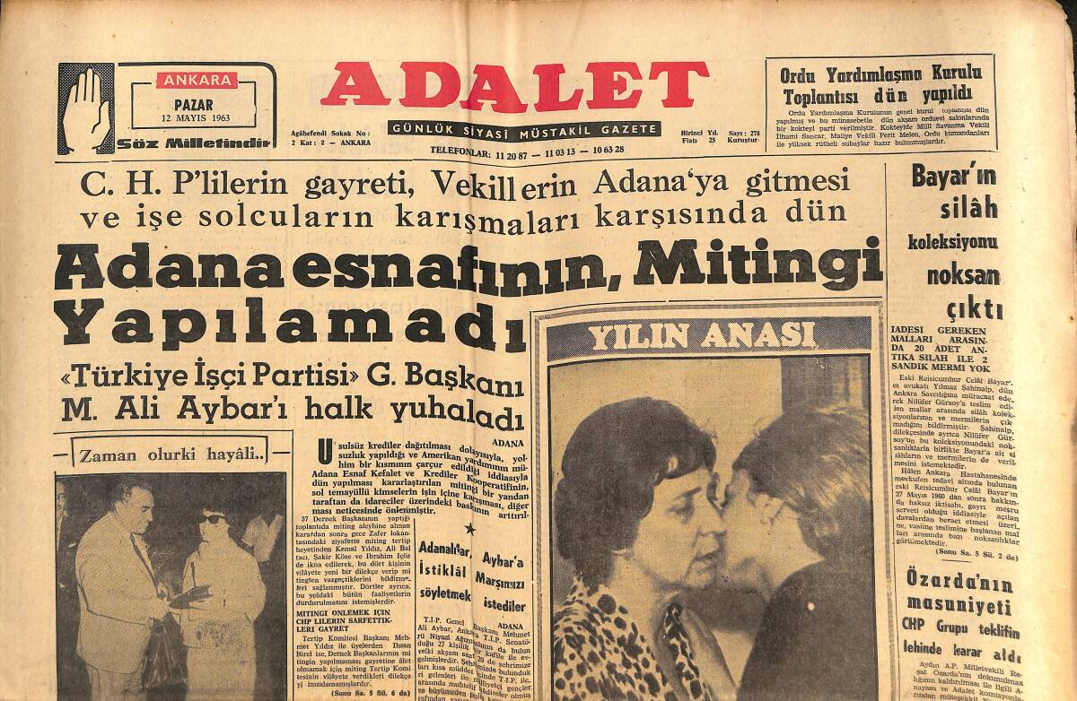 Adalet Gazetesi 12 Mayıs 1963 - Celal Bayar'ın Silah Koleksiyonu Noksan Çıktı - Adana Esnafının, Mitingi Yapılamadı! GZ139694 - 1