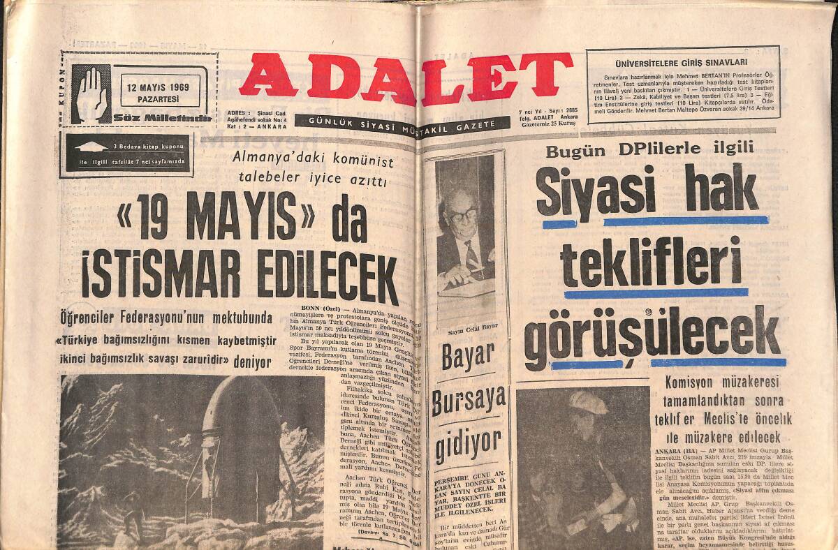 Adalet Gazetesi 12 Mayıs 1969 - Türk Trenleri Artık Yunan Topraklarından Geçmeyecek - Galatasaray Beşiktaş'ı Yendi - Cannes Festivali Başladı GZ138577 - 1