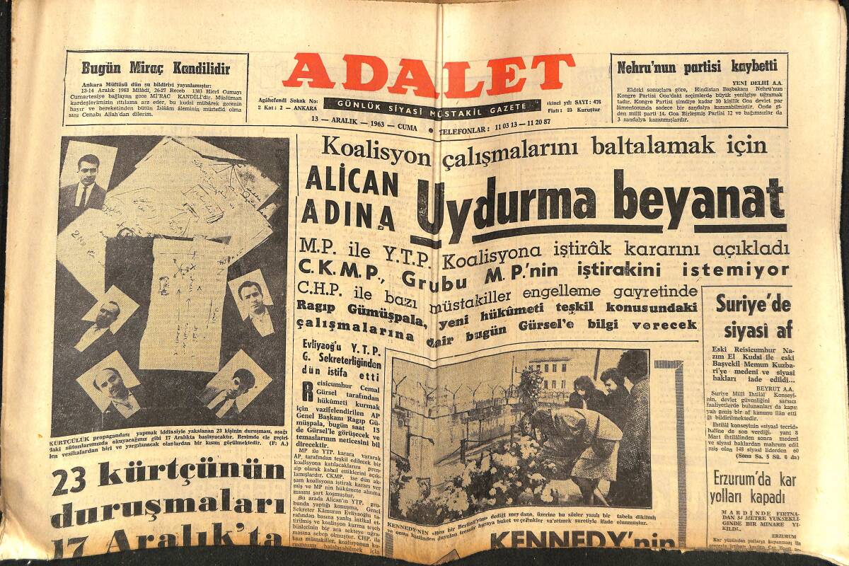 Adalet Gazetesi 13 Aralık 1963 - Kennedy'nin Öldürülmesi - Amerikalılar Dev Bir Füze Fırlatmaya Hazırlanıyor GZ139540 - 1