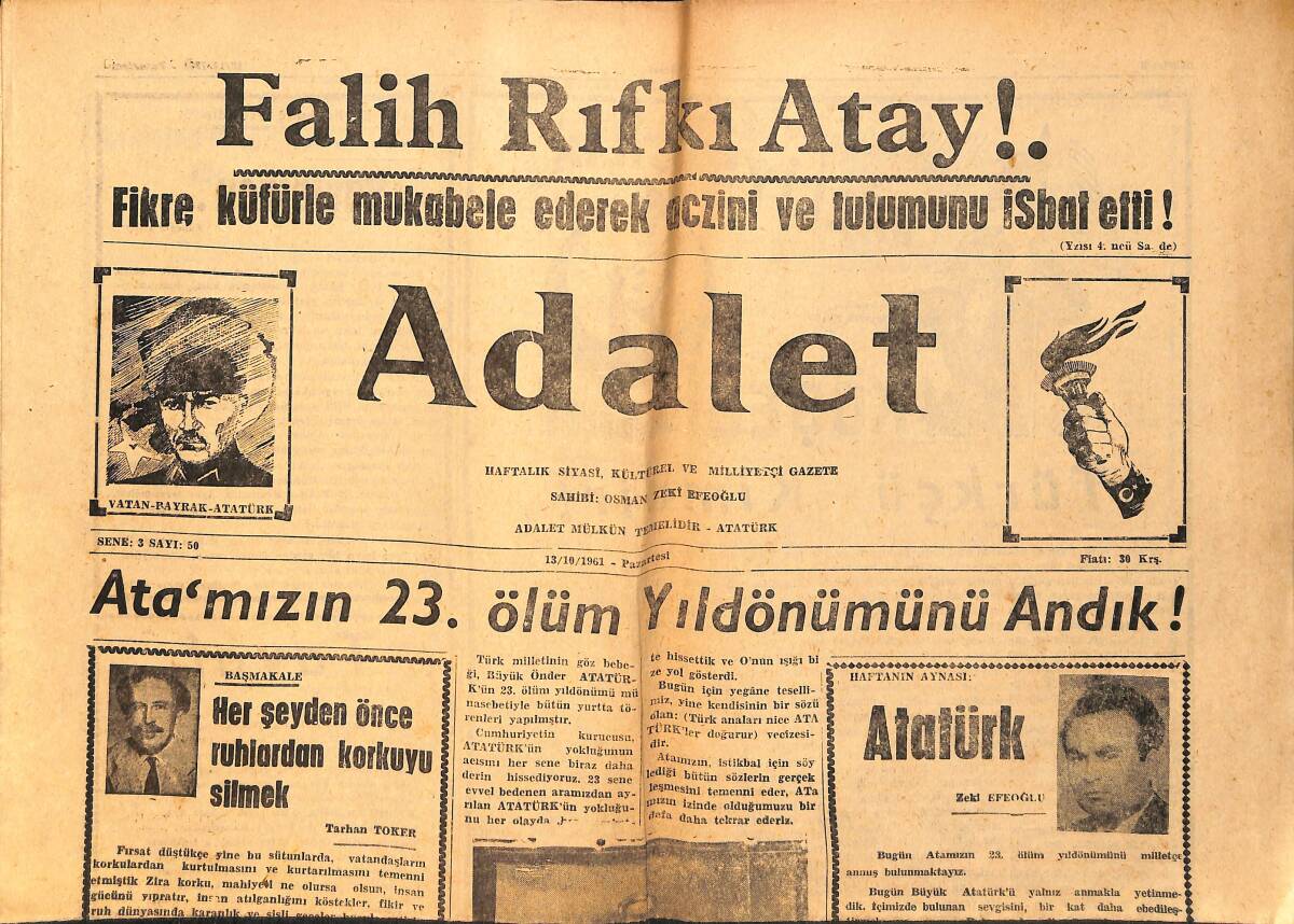 Adalet Gazetesi 13 Ekim 1961 - Ata'mızın 23. Ölüm Yıldönümünü Andık! - Kabineyi İnönü Kuracak GZ154369 - 1