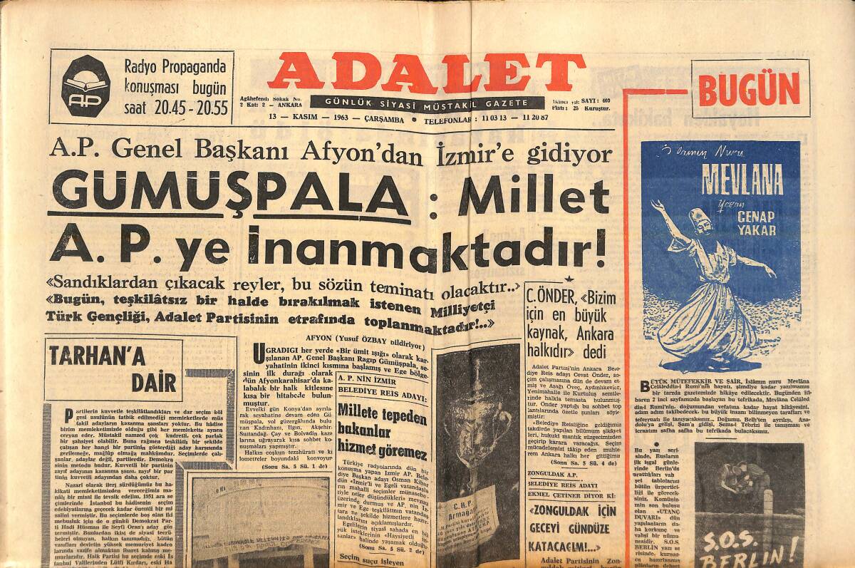 Adalet Gazetesi 13 Kasım 1963 - Gümüşpala: Millet AP'YE İnanmaktadır! - Yüksek Seçim Kurulu Yanlış Karar Vermiştir! GZ139620 - 1