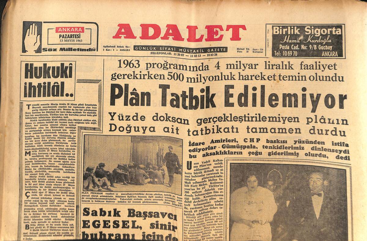 Adalet Gazetesi 13 Mayıs 1963 - Reşat Özarda Hakkında Bugün Karar Veriliyor! - Sabık Başsavcı Egesel, Sinir Buhranı İçinde! GZ139693 - 1