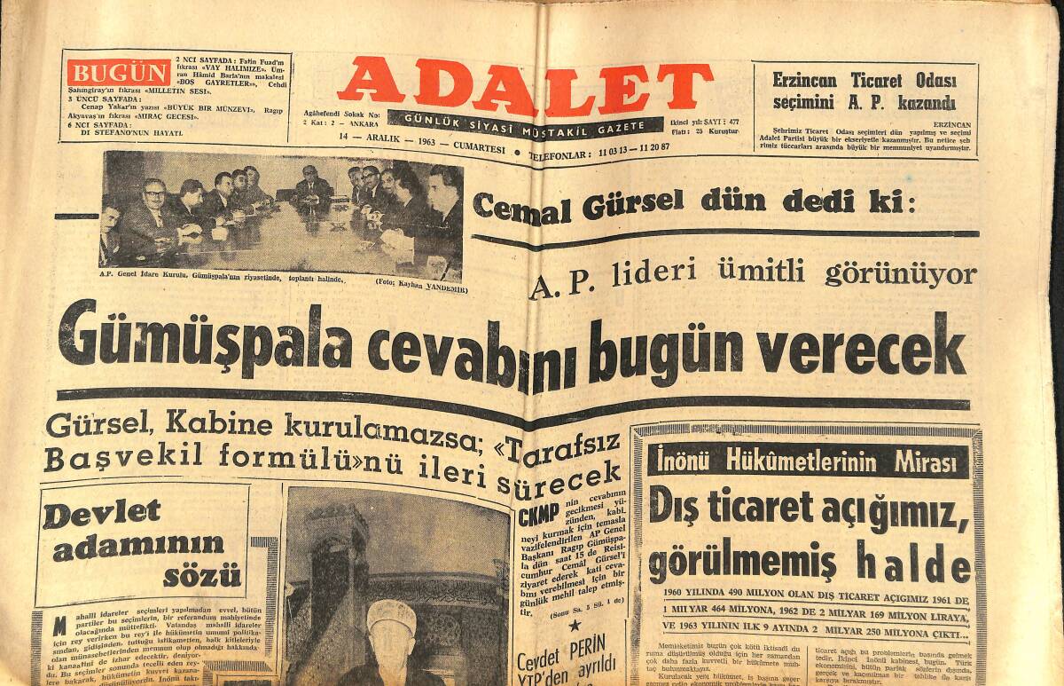 Adalet Gazetesi 14 Aralık 1963 - Galatasaray'ı İtalya Basını Çok Övüyor - Mahkeme Brigitte Bardot'ya Hak Verdi GZ139541 - 1