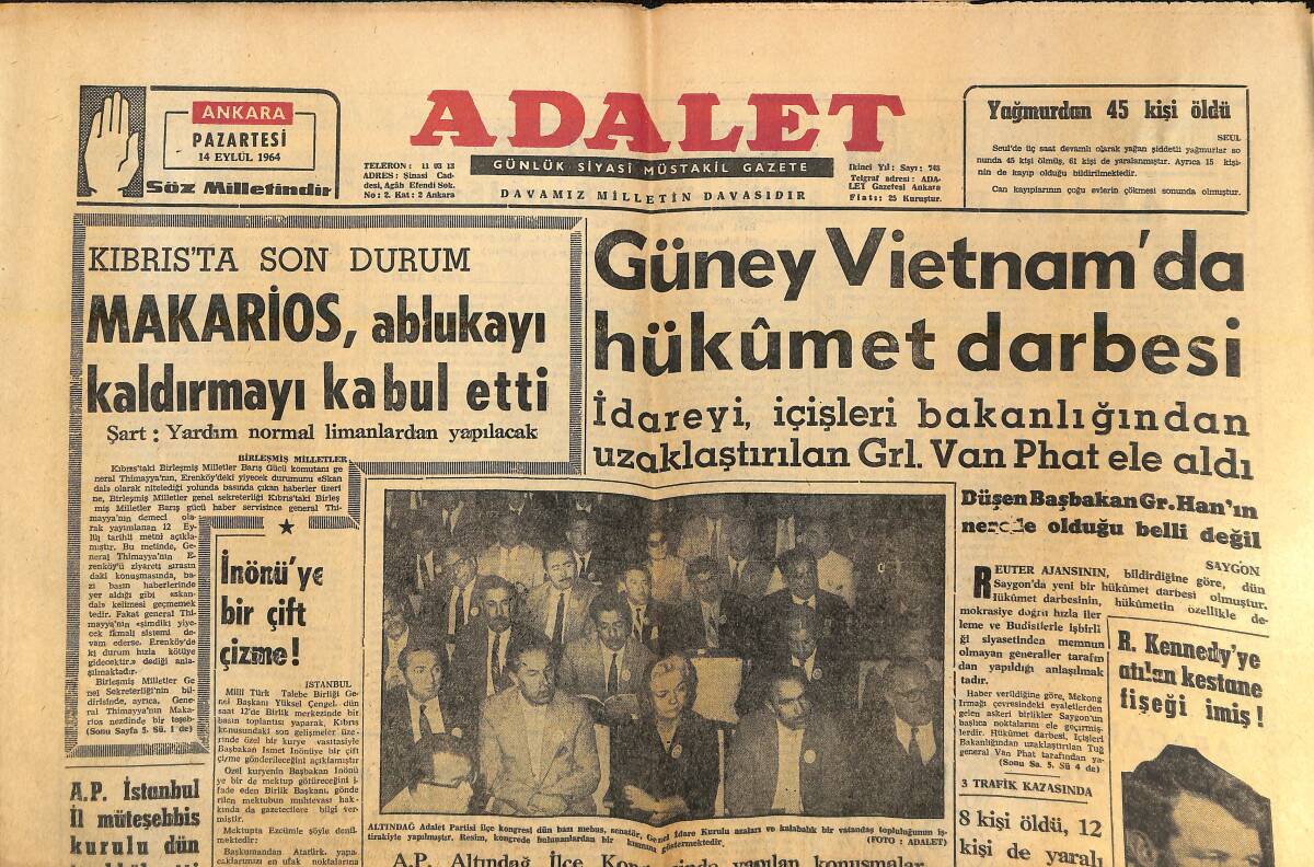 Adalet Gazetesi 14 Eylül 1964 - Güney Vietnam'da Hükümet Darbesi - R. Kennedy'ye Atılan Kestane Fişeği İmiş! GZ139871 - 1