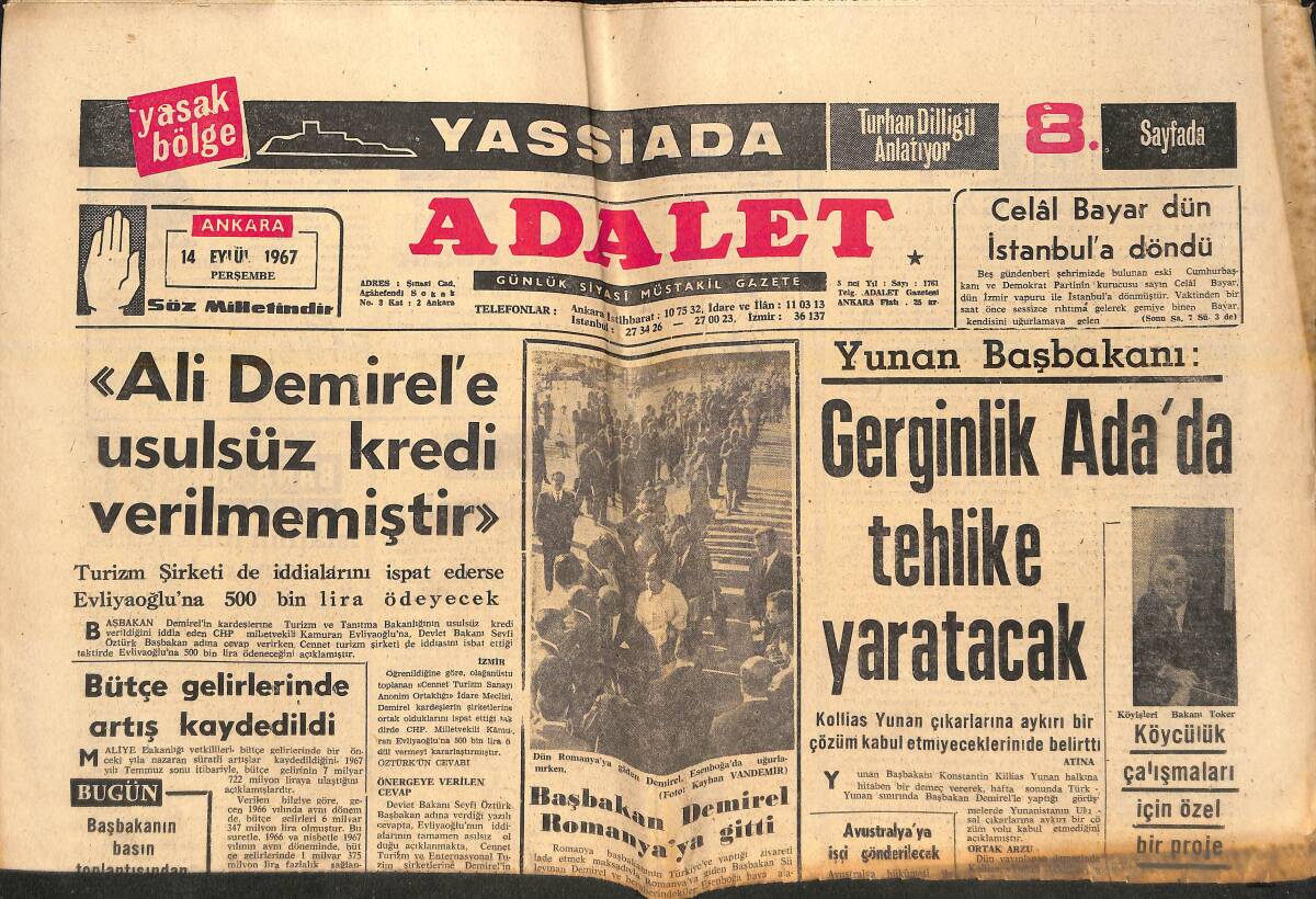 Adalet Gazetesi 14 Eylül 1967 - Ali Demirel'e Usulsüz Kredi Verilmemiştir! - Celal Bayar Dün İstanbul'a Döndü! GZ139490 - 1