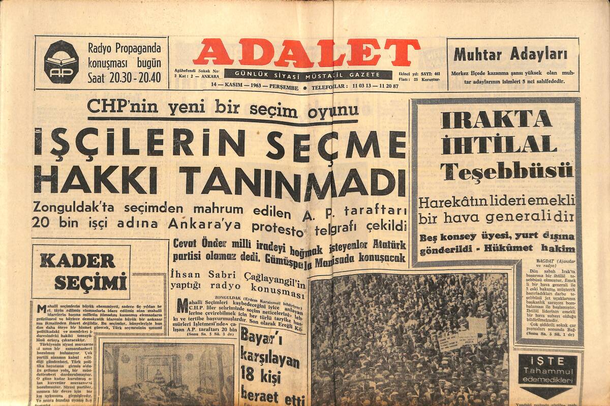 Adalet Gazetesi 14 Kasım 1963 - Irakta İhtilal Teşebbüsü - Celal Bayar'ı Karşılayan 18 Kişi Beraat Etti! GZ139619 - 1