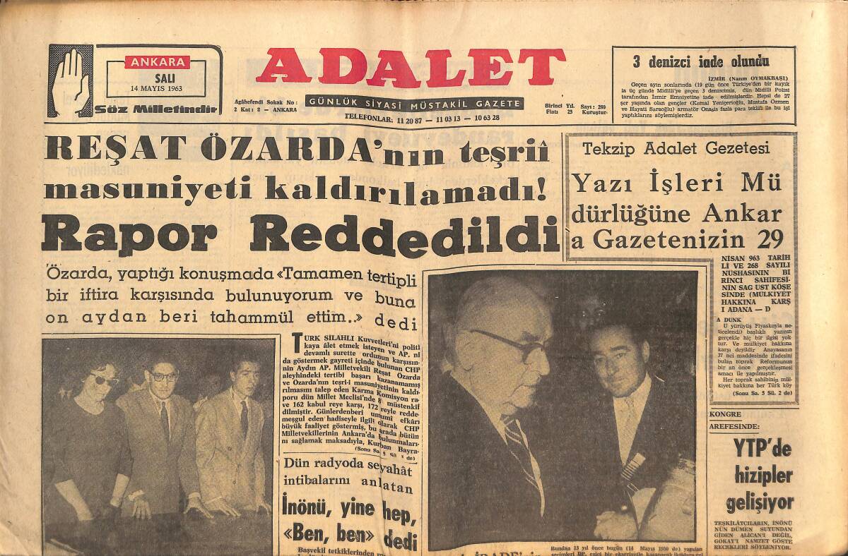Adalet Gazetesi 14 Mayıs 1963 - Reşat Özarda'nın Raporu Reddedildi - Feridun Efesel'in İfadesi Alınmayacak! GZ139692 - 1