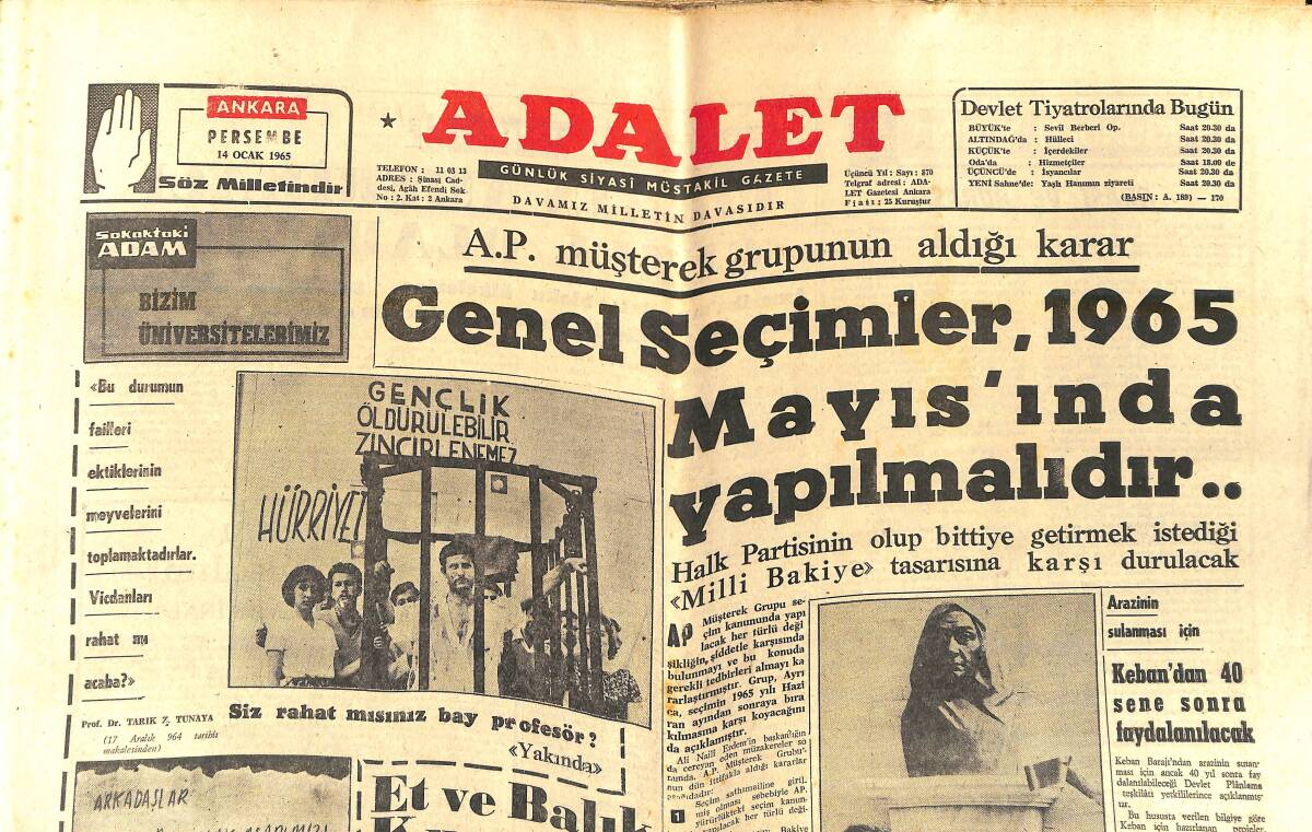 Adalet Gazetesi 14 Ocak 1965 - CHP'li Başkanın Viski Paralarını Sendika Ödemiş - Türkiye Rusya Münasebetleri - Keban'dan 40 Sene Sonra Faydalanılacak GZ139744 - 1