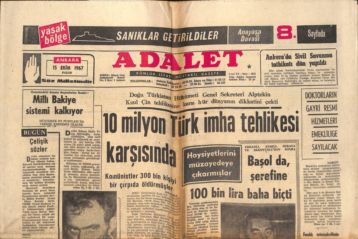 Adalet Gazetesi 15 Ekim 1967 - 10 Milyon Türk İmha Tehlikesi Karşısında - Kıbrıs'ta Enosis Harp Demektedir! GZ139493 - 1
