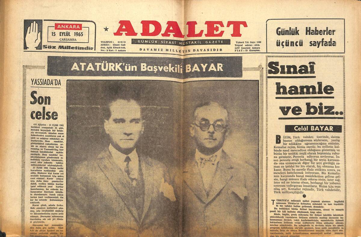 Adalet Gazetesi 15 Eylül 1965 - Atatürk'ün Başvekili Bayar - Dört Yıl Önce Yassıada'da Verilen Kararlar GZ139589 - 1
