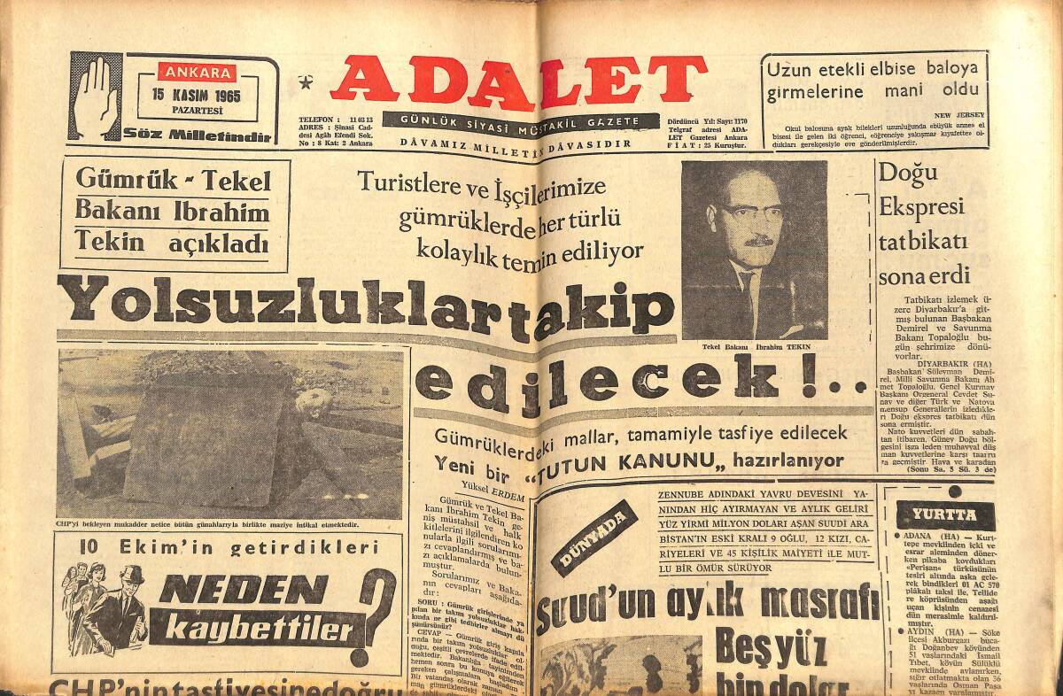 Adalet Gazetesi 15 Kasım 1965 - Doğu Ekspresi Tatbikatı Sona Erdi - CHP'nin Tastiyesine Doğru Milletçe Atılan Son Adım GZ139556 - 1