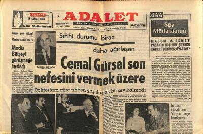 Adalet Gazetesi 15 Şubat 1966 - Cemal Gürsel Son Nefesini Vermek Üzere - Gürsan Yeni Bütçeyi Meclise Takdim Etti GZ121548 - 1
