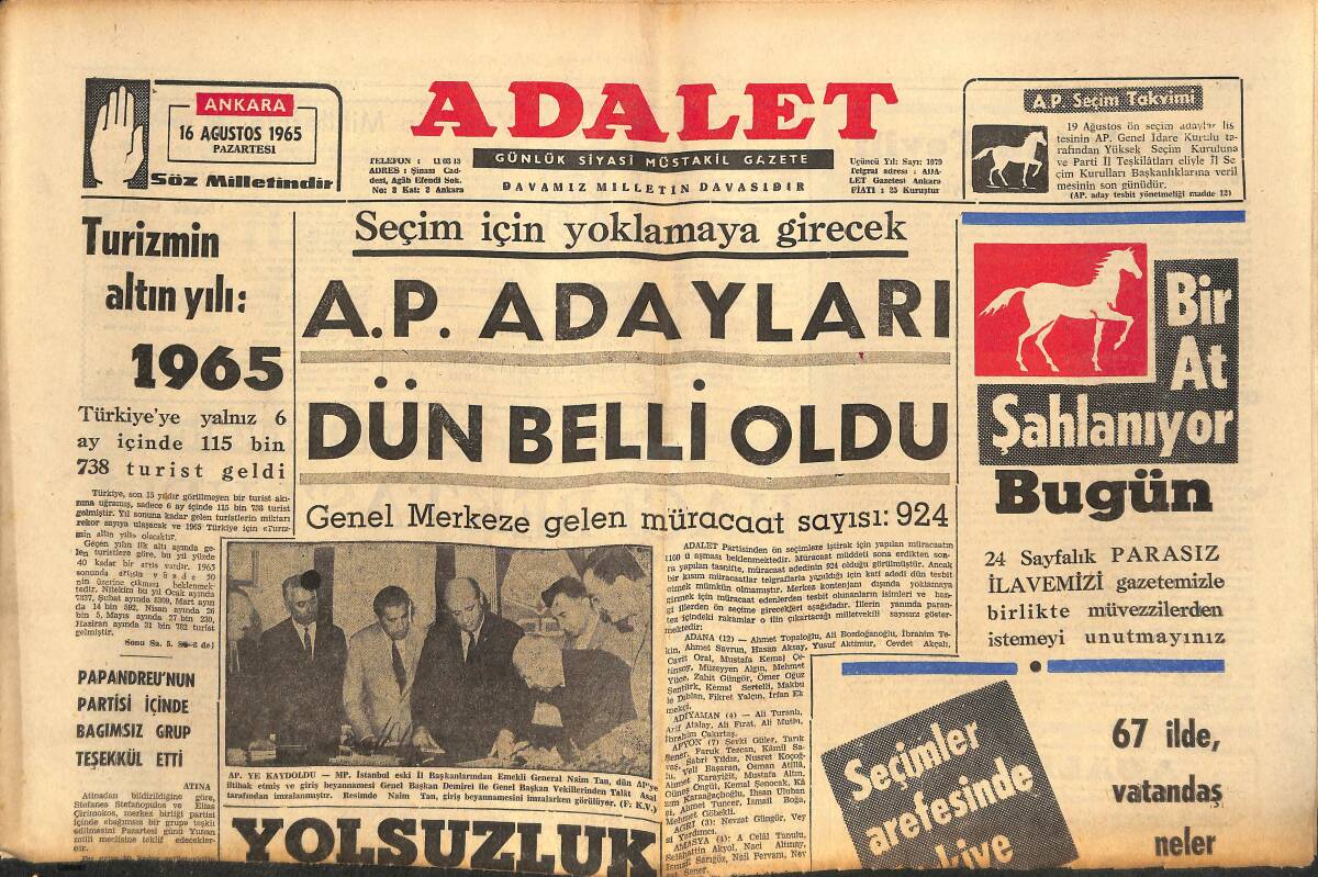 Adalet Gazetesi 16 Ağustos 1965 - AP Adayları Dün Belli Oldu - Kim Novak Doğum Yapmayacak - Zencilerin Kin Dalgası Yeni Dünyayı Sarıyor GZ139580 - 1