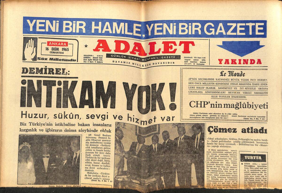 Adalet Gazetesi 16 Ekim 1965 - G.Saray Ve Beşiktaş Yarına Hazır Metin Oynuyor - Sophia Loren Bombaların Üzerine Resimlerinin Yapılmasını Protesto Etti GZ139547 - 1