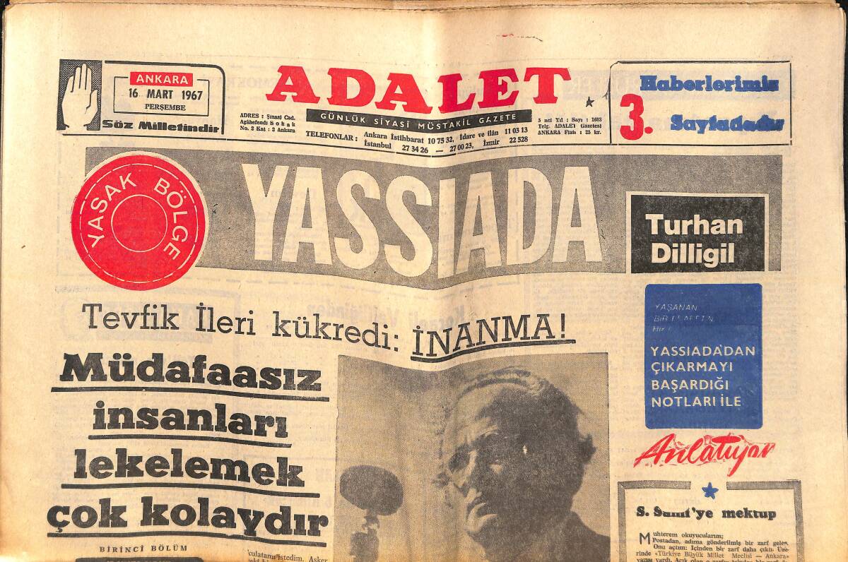 Adalet Gazetesi 16 Mart 1967 - Kennedy Suikasti: Savcı Garrison Beklenen Bombasını Patlattı - Ecevit Milleti Bölmeye Çalışıyor! GZ139502 - 1