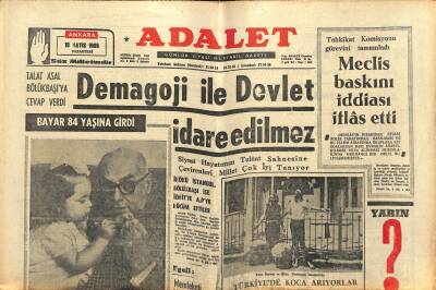 Adalet Gazetesi 16 Mayıs 1966 - Talât Aydemirin İhtilal Arkadaşı Karısını Öldürdü - Bayar 84 Yaşına Girdi GZ121577 - 1