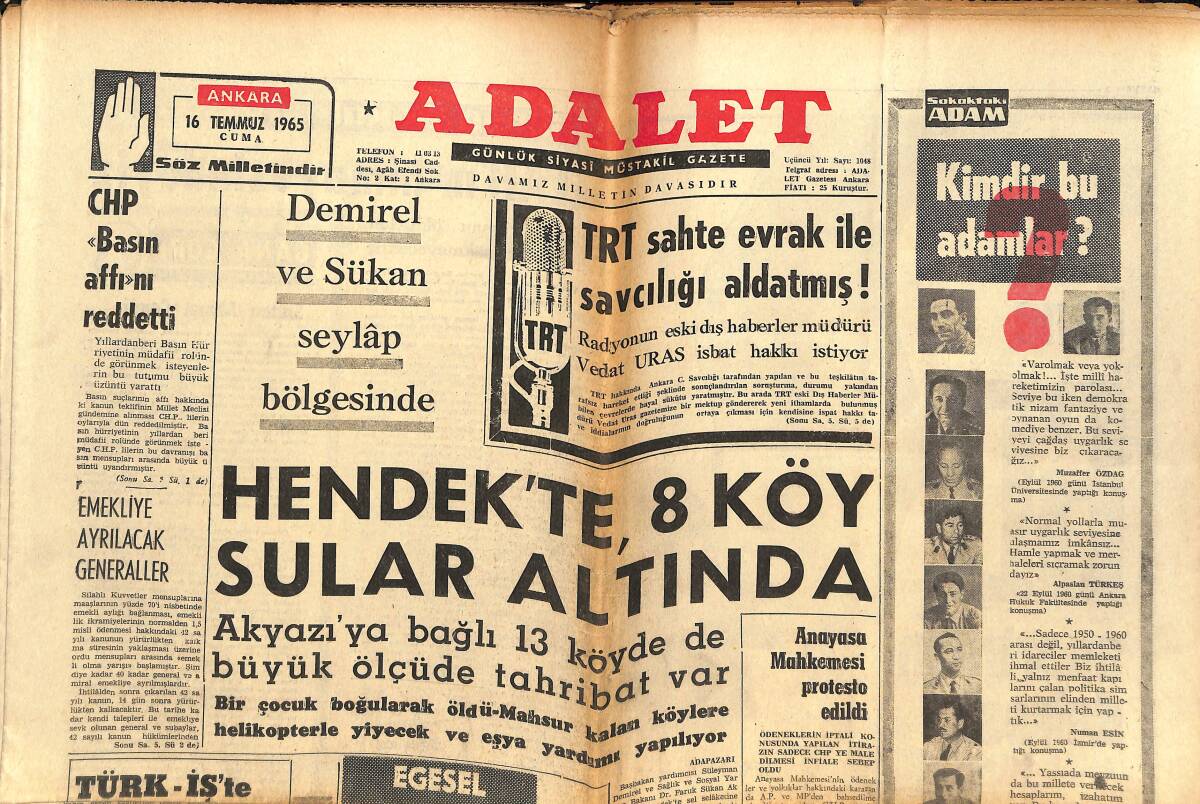 Adalet Gazetesi 16 Temmuz 1965 - Demirel Ve Sükan Seylap Bölgesinde - Galatasaray Kupadaki Rakibi Hakkında Geniş Bilgi Topluyor GZ139569 - 1