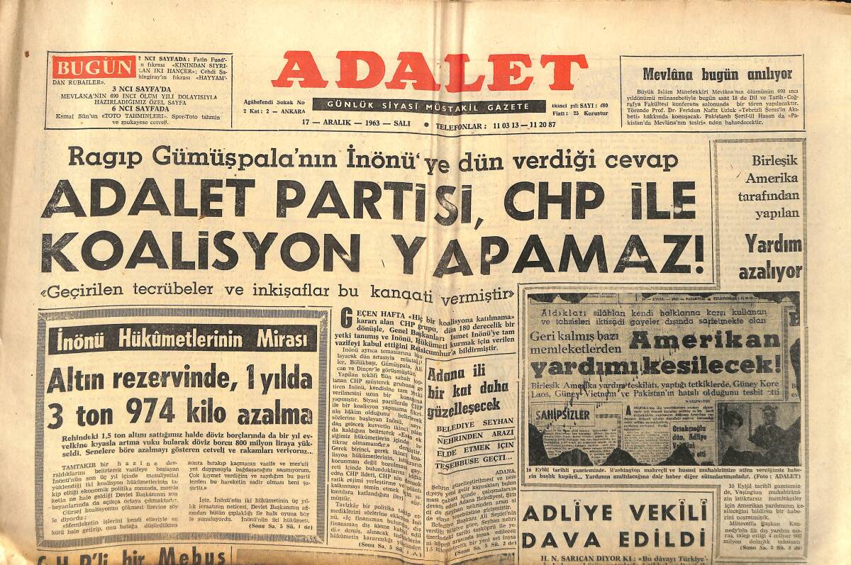 Adalet Gazetesi 17 Aralık 1963 - İnönü Hükümetlerinin Mirası - Galatasaray İle Fenerbahçe Yarın Karşı Karşıya - Mevlana'nın Çağdaşları GZ139599 - 1