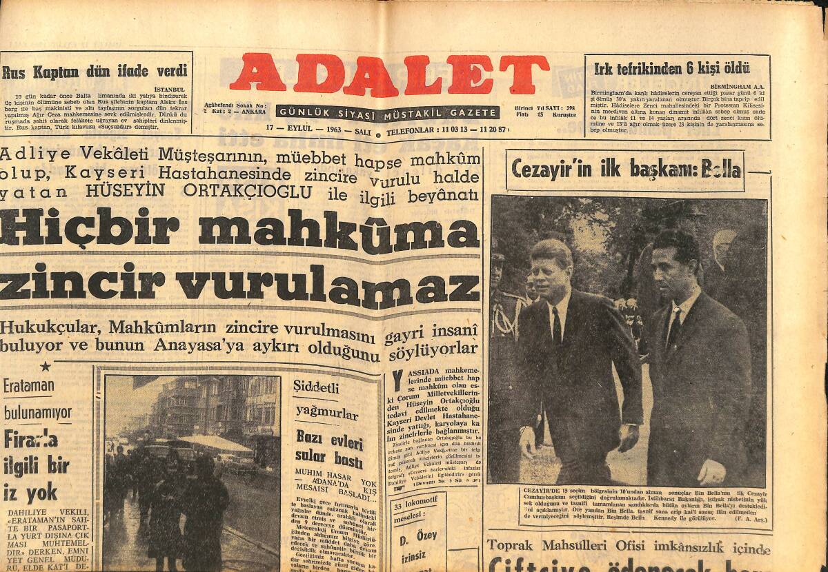Adalet Gazetesi 17 Eylül 1963 - Cezayir'in İlk Başkanı Bella - Menderes İçin Bugün Mevlit Okutulacak - Erataman Bulunamıyor Firarla İlgili Bir İz Yok GZ139718 - 1