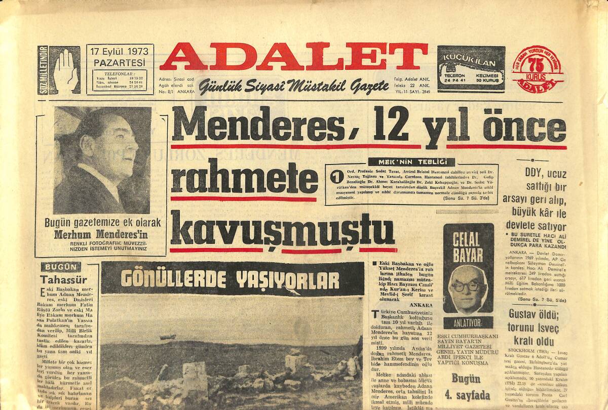 Adalet Gazetesi 17 Eylül 1973 - Menderes, 12 Yıl Evvel Rahmete Kavuşmuştu - Menderes, Zorlu Ve Polatkan GZ147805 - 1