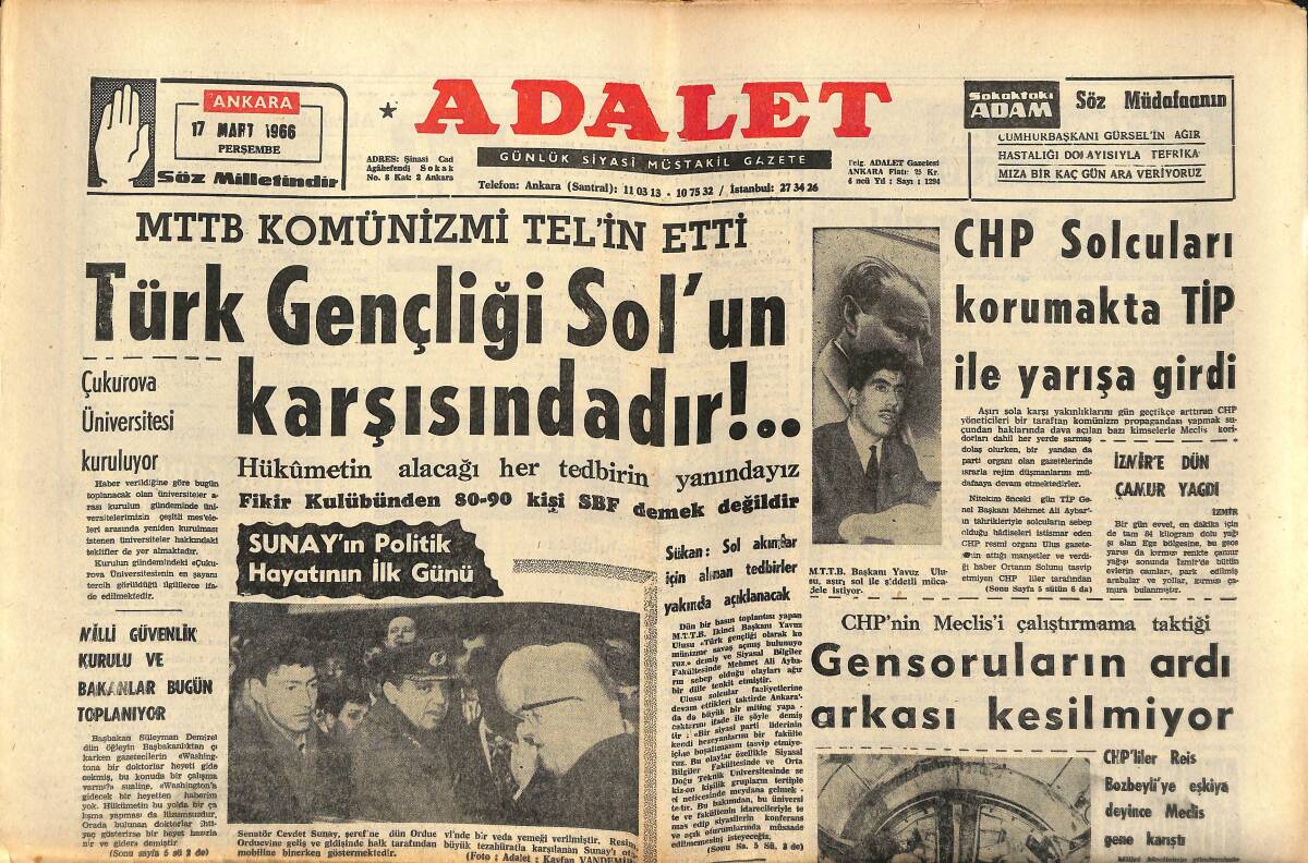 Adalet Gazetesi 17 Mart 1966 - Türk Gençliği Sol'un Karşısındadır! - CHP Solcuları Korumakta TİP İle Yarışa Girdi! GZ139850 - 1