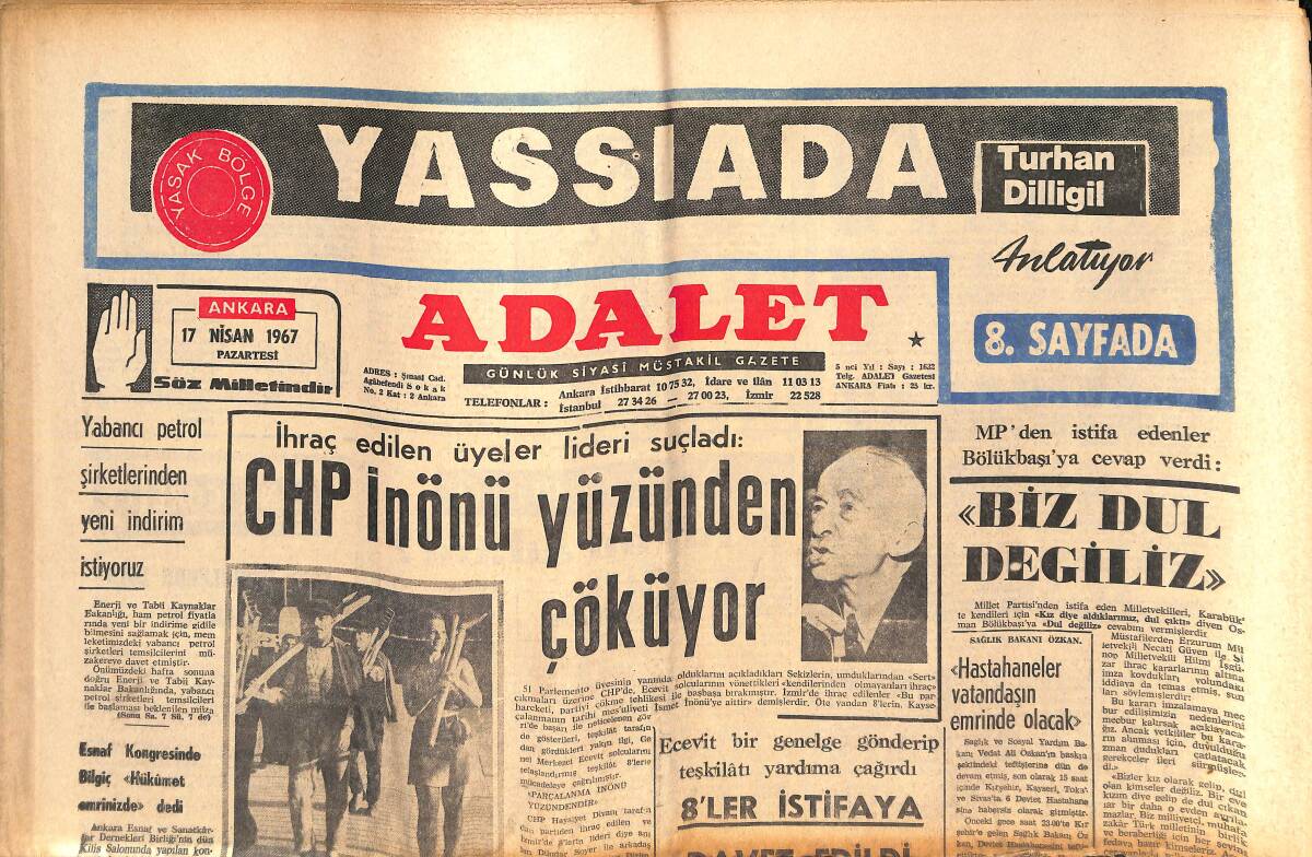 Adalet Gazetesi 17 Nisan 1967 - CHP İnönü Yüzünden Çöküyor - Altan Fenerbahçe'yi Dize Getirdi - Jane Fonda'nın En İyi Arkadaşı GZ139527 - 1