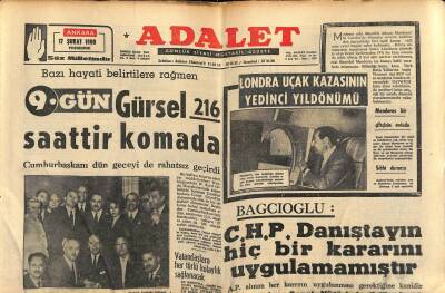 Adalet Gazetesi 17 Şubat 1966 - Bazı Hayati Belirtilere Rağmen 9. Gün Gürsel 216 Saattir Komada - Clay 29 Marttaki Maça Çıkamayacak Mı ? GZ121549 - 1