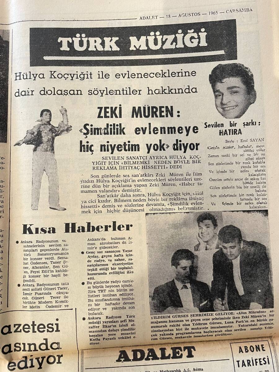 Adalet Gazetesi 18 Ağustos 1965 - Zeki Müren: Şimdilik Evlenmeye Hiç Niyetim Yok - Fenerbahçe-Galatasaray - Casius Clay Artık Fazla Konuşmuyor GZ139579 - 2