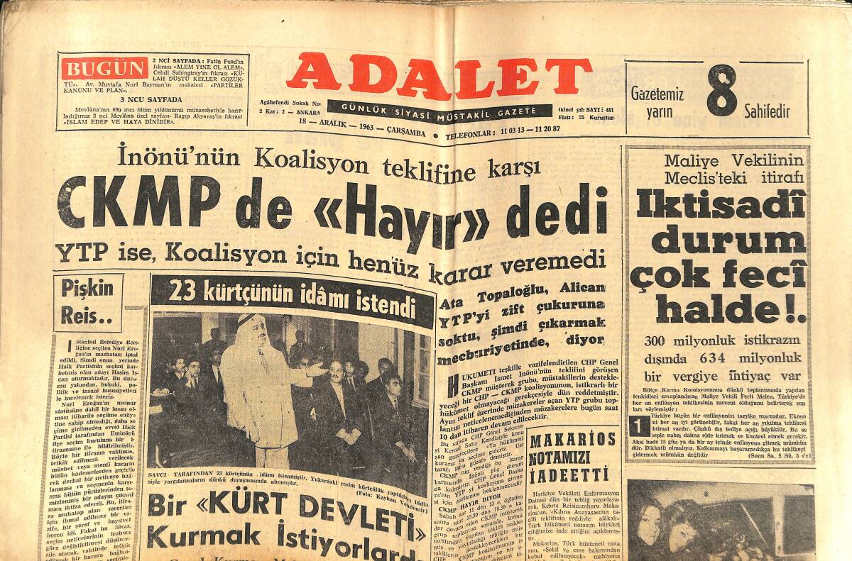 Adalet Gazetesi 18 Aralık 1963 - 23 Kürtçünün İdamı İstendi - Bir Kürt Devleti Kurmak İstiyorlardı - Sybil Burton Kocasından Boşandı GZ139600 - 1