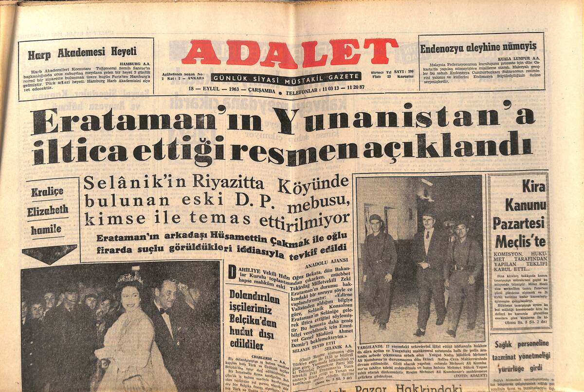 Adalet Gazetesi 18 Eylül 1963 - İngiltere'de Sürpriz: Kraliçe Elizabeth Önümüzdeki Sene Başlarında Çocuk Beklemektedir - Metin Oktay Değişmez Adam GZ139719 - 1