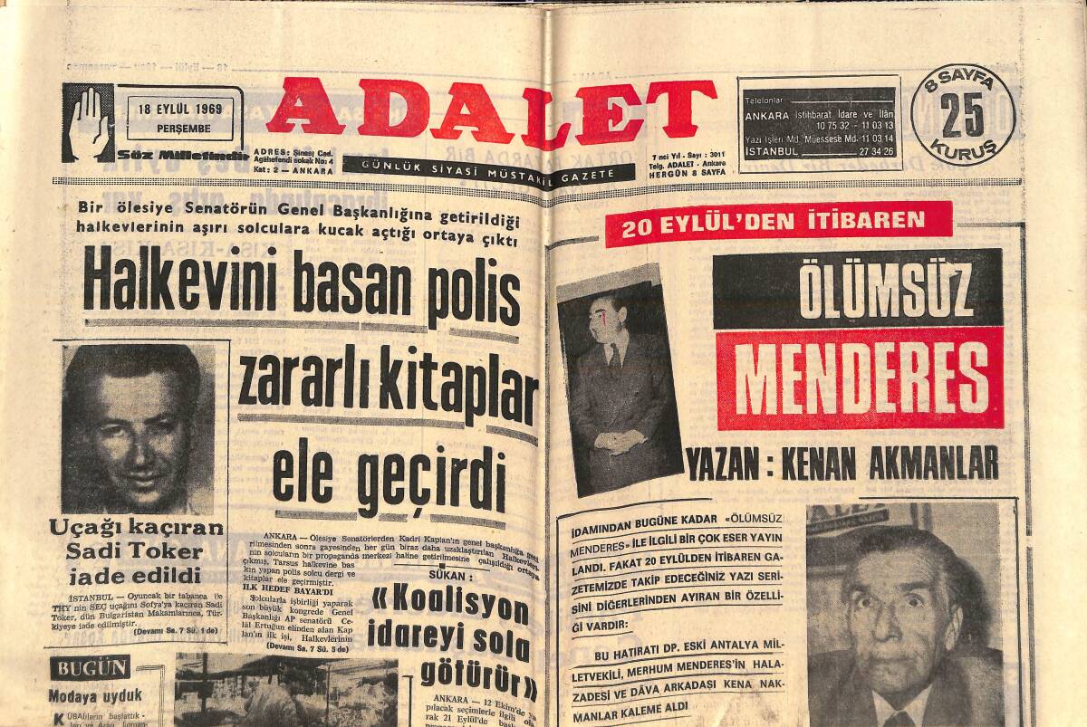 Adalet Gazetesi 18 Eylül 1969 - Uçağı Kaçıran Sadi Toker İade Edildi - Chanel'in Bir Mantosu - Milli Takım 18 Kişiye İndirildi GZ138578 - 1