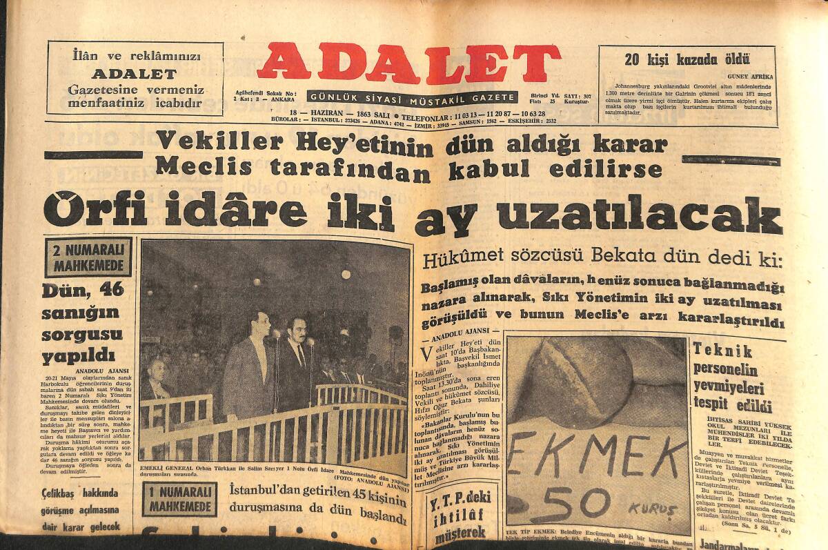 Adalet Gazetesi 18 Haziran 1963 - Kadın Feza Pilotu, Dünya Etrafında Tura Devam Ediyor - Örfi İdare İki Ay Uzatılacak! GZ139801 - 1