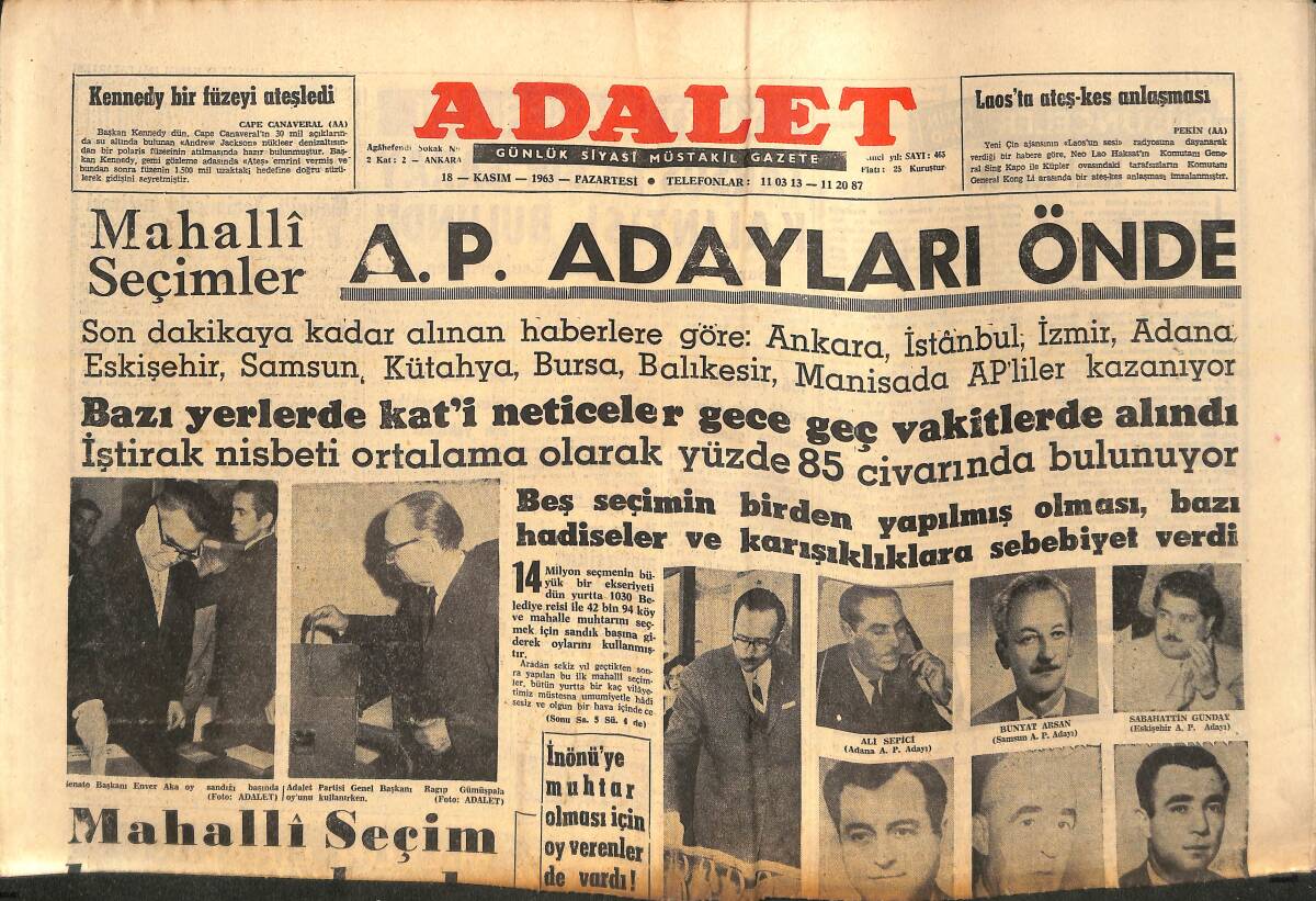 Adalet Gazetesi 18 Kasım 1963 - Başkent'te Halk Ve Liderler Nasıl Oy Verdiler? - Tarsus'ta Bir Saray Kalıntısı Bulundu! GZ139615 - 1