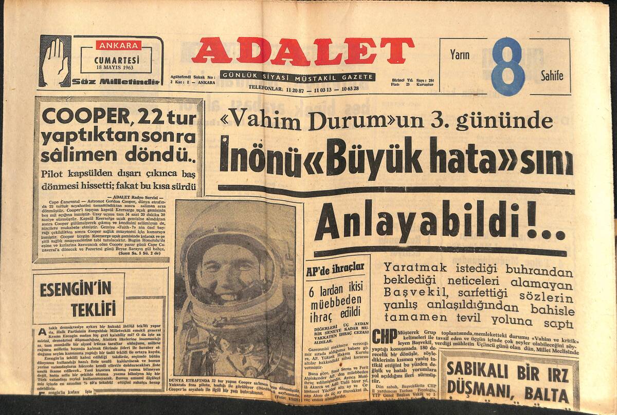 Adalet Gazetesi 18 Mayıs 1963 - Vahim Durumun 3. Gününde İsmet İnönü Büyük Hatasını Anlayabildi! - Şevket Adalan'ın İstifası İsteniyor! GZ139688 - 1