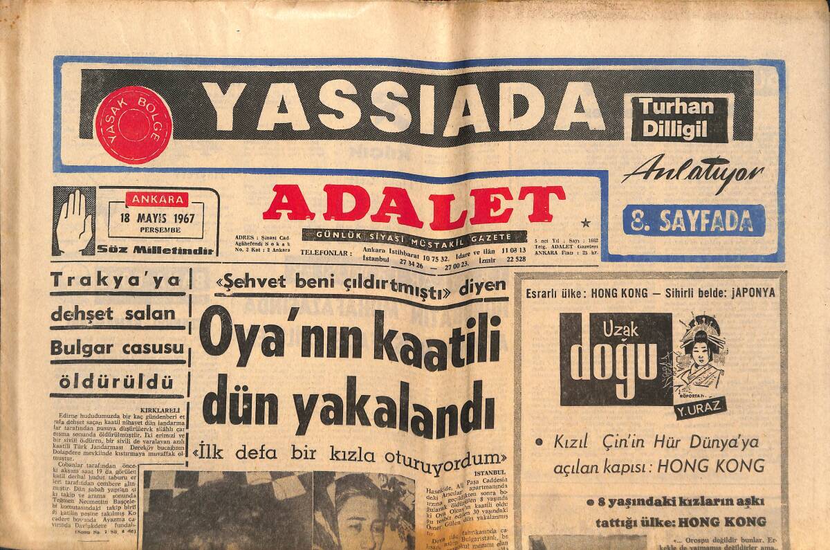 Adalet Gazetesi 18 Mayıs 1967 - Süleyman Demirel Bugün Yurda Dönüyor - Meclis'te Dil Konusu Tartışıldı! GZ139472 - 1