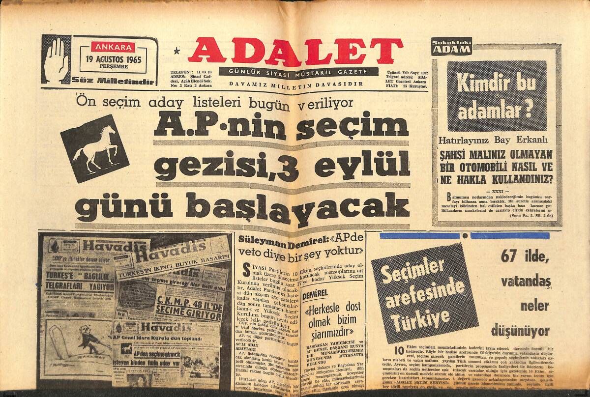 Adalet Gazetesi 19 Ağustos 1965 - Suriye Hududunda Silahlı Çatışma - Tanju Okan Kimlik Kartı - Cliff Richard'a 10 Sual GZ139578 - 1