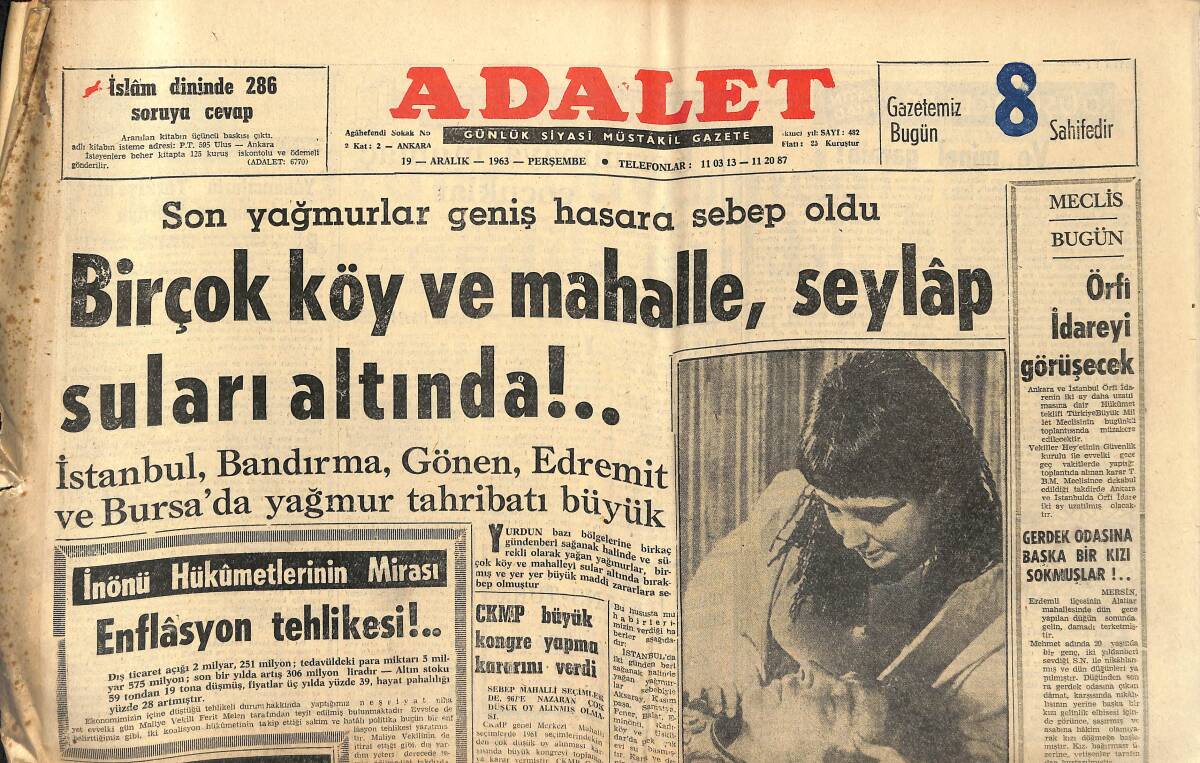 Adalet Gazetesi 19 Aralık 1963 - İsmet İnönü Hükümetlerinin Mirası Enflasyon Tehlikesi! - Celal Bayar'ın Kütüphanesi İade Ediliyor! GZ139859 - 1