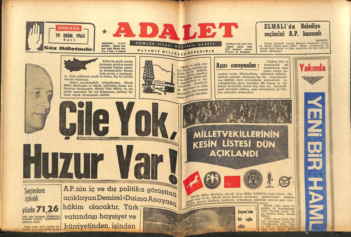 Adalet Gazetesi 19 Ekim 1965 - Jayne Mansfield'in Bir Oğlu Oldu - Ürgüplü'nün Oğlu İle Evlenecek Olan Fazıla - Milletvekillerinin Kesin Listesi GZ139548 - 1