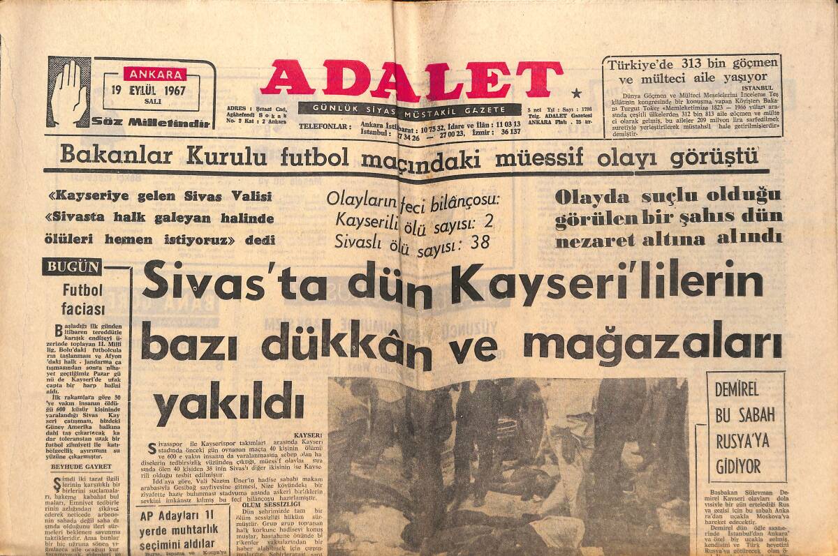 Adalet Gazetesi 19 Eylül 1967 - Yargıtay Kurulu Şaibe Altında Kalacaktır! - Başbakan Süleyman Demirel: Sosyal Adalet İçinde Kalkınacağız! GZ139489 - 1