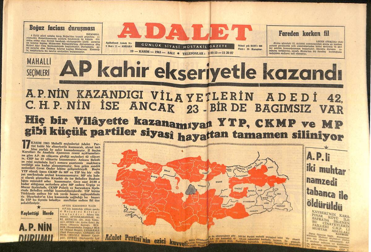 Adalet Gazetesi 19 Kasım 1963 - Gümüşpala :Millet CHP'YE Sırt Çevirmiştir! - AP Kahir Ekseriyetle Kazandı! GZ139614 - 1