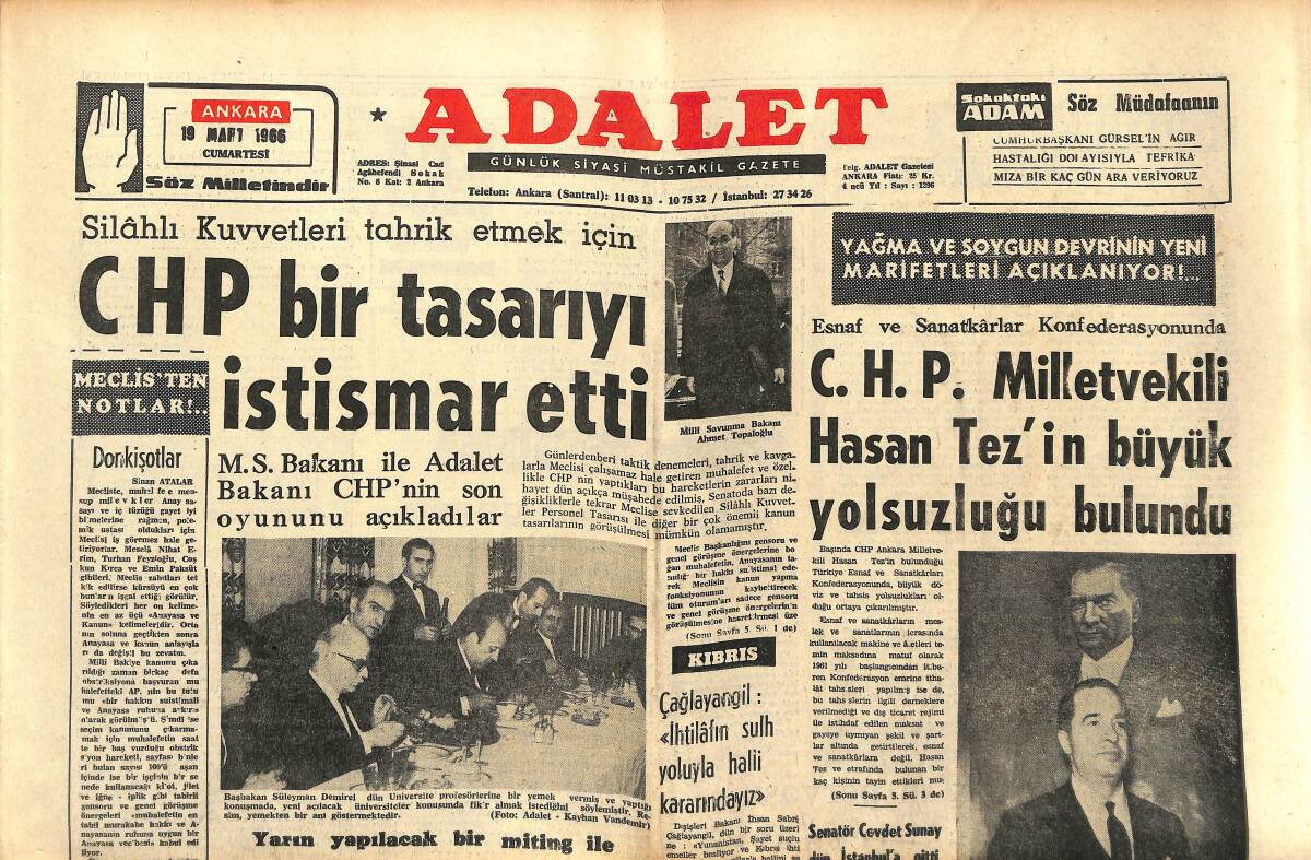 Adalet Gazetesi 19 Mart 1966 - CHP Bir Tasarıyı İstismar Etti - CHP Milletvekili Hasan Tez'in Büyük Yolsuzluğu Bulundu! GZ139852 - 1