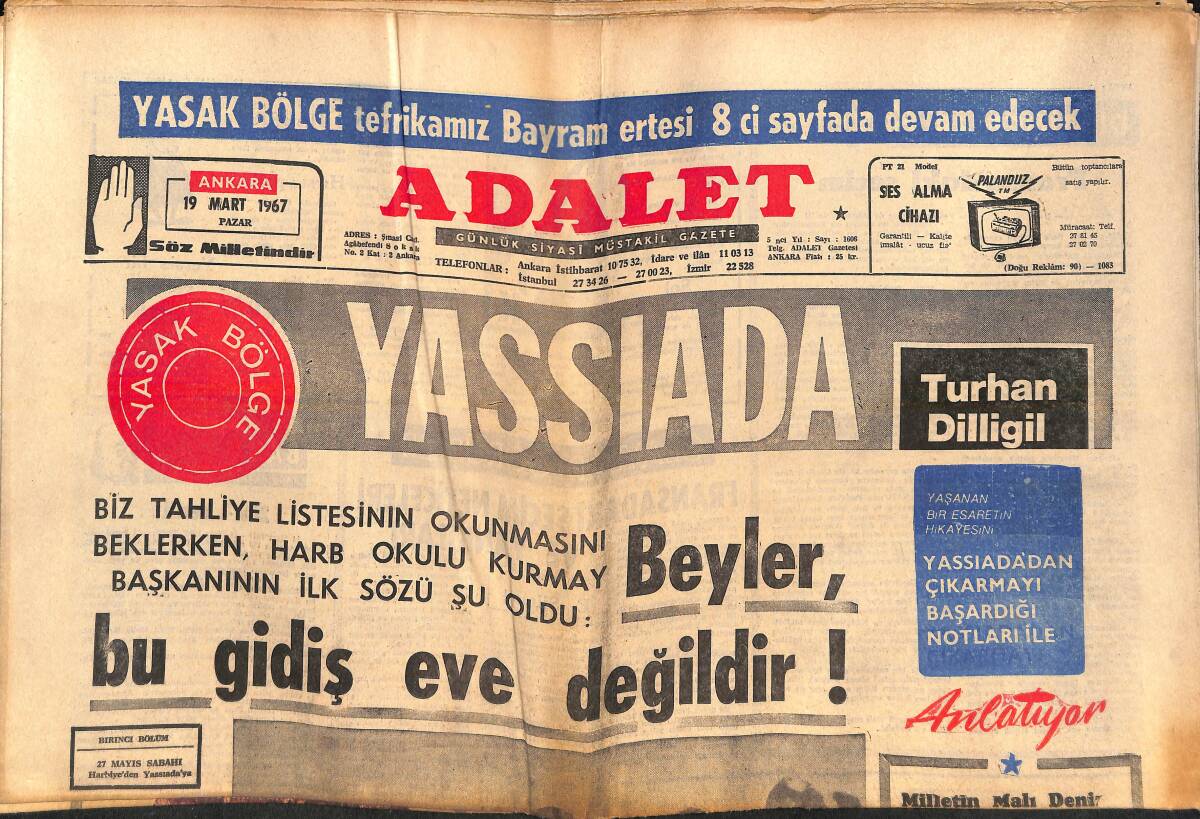Adalet Gazetesi 19 Mart 1967 - Sophia Loren'in Bütün Bibloları Çalındı - Beyrut'ta Olay Yaratan Brigitte Bardot Paris'e Gitti GZ139504 - 1
