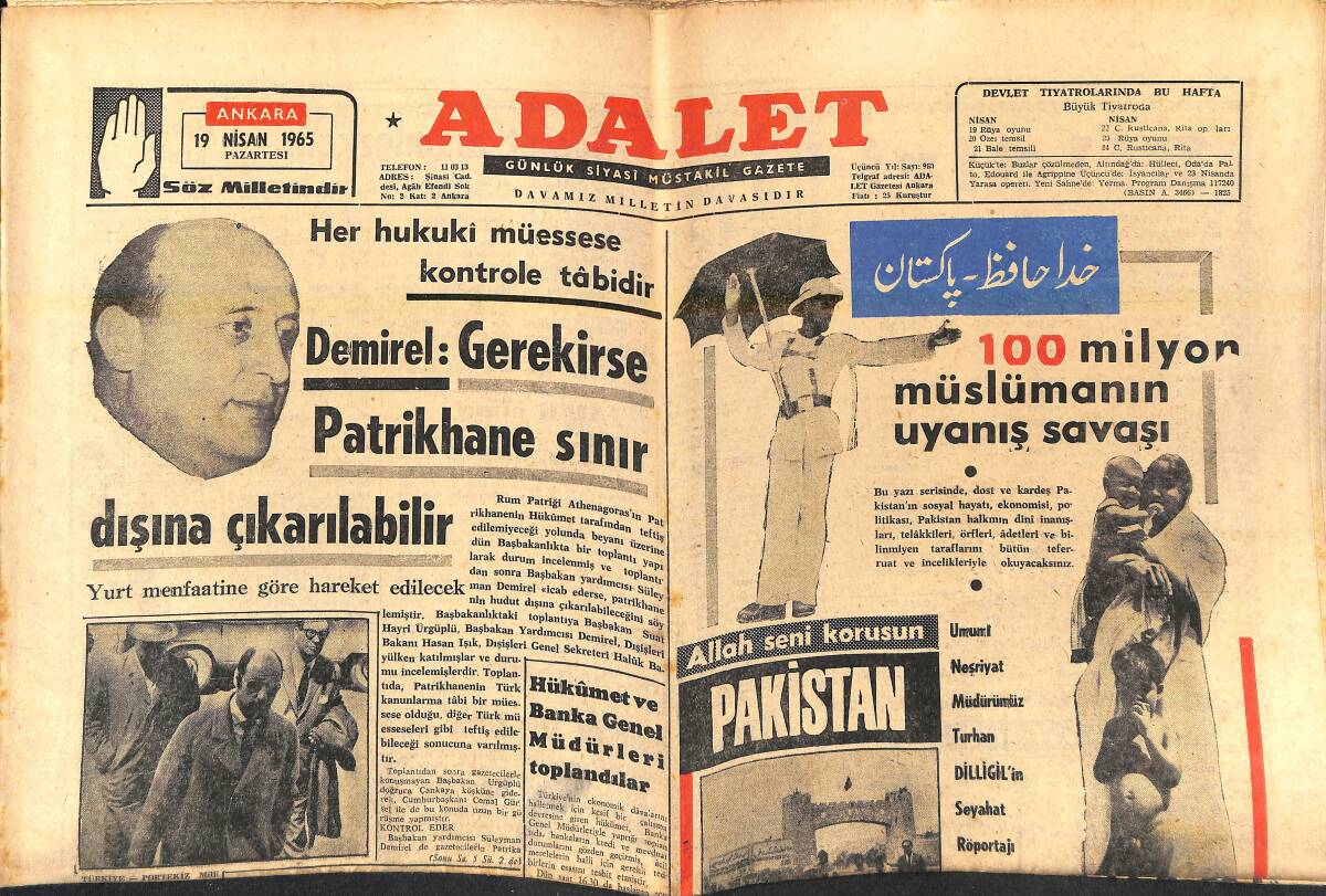 Adalet Gazetesi 19 Nisan 1965 - Demirel 
