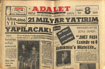 Adalet Gazetesi 19 Nisan 1966 - Lüks Binalardan Daha Çok Vergi Alınacak - Beşiktaş , Şampiyonluk Turunu Alsancak Stadında Yapacaklar GZ121564 - 1