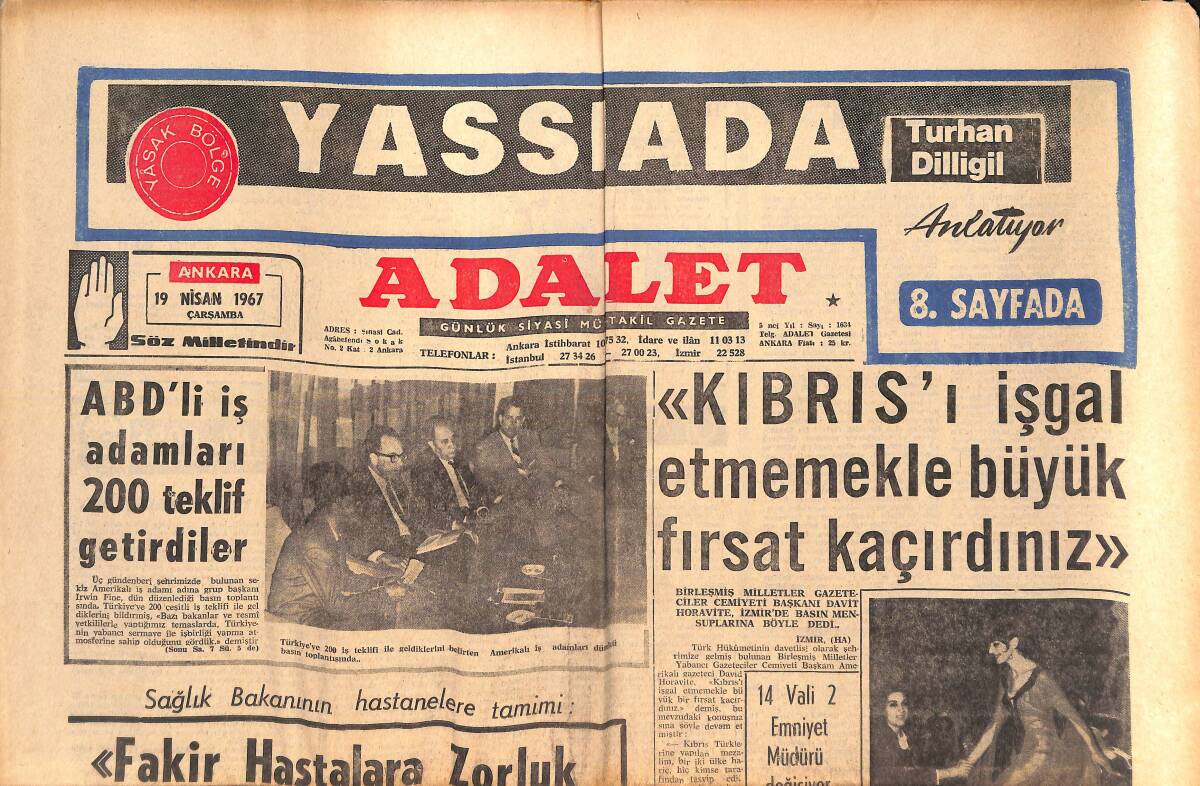 Adalet Gazetesi 19 Nisan 1967 - Ecevit Solları Telaş İçinde - ABD'li İş Adamları 200 Teklif Getirdiler GZ139529 - 1