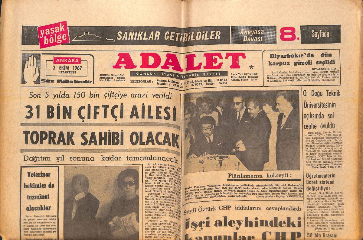 Adalet Gazetesi 2 Ekim 1967 - O.Doğu Üniversitesi'nin Açılışında Sol Cephe Övüldü! - Amerikalı Yazarlar Fethiye'de Deveye Binerek Dolaştılar! GZ139497 - 1