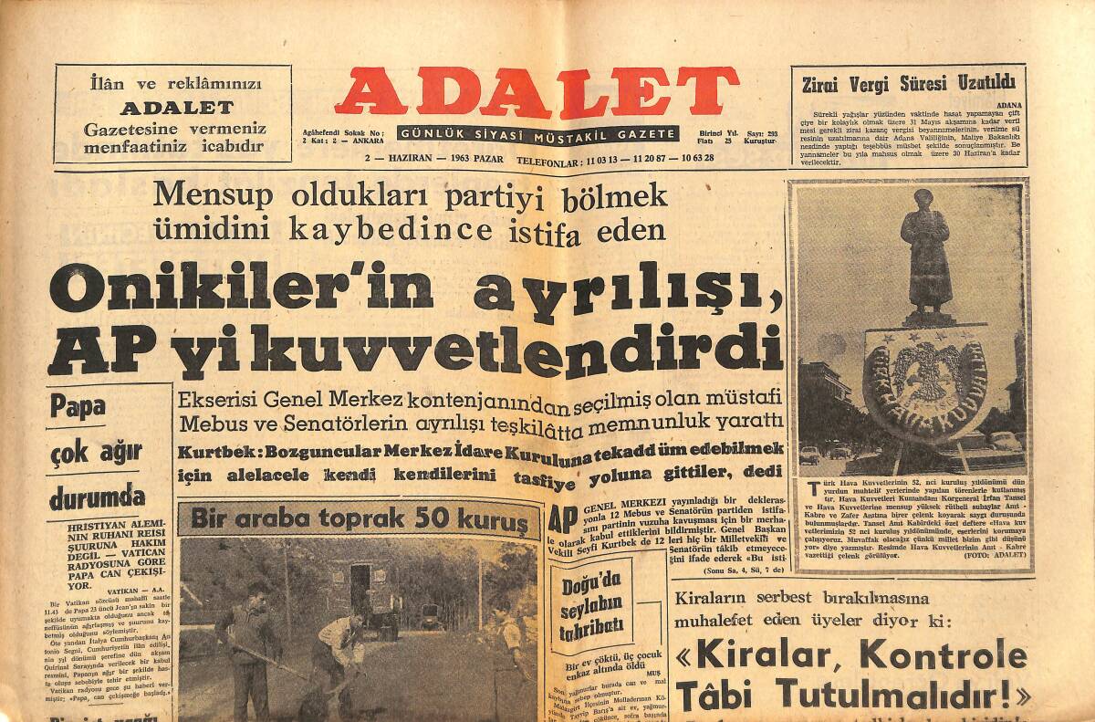 Adalet Gazetesi 2 Haziran 1963 - Onikiler'in Ayrılışı AP'Yİ Kuvvetlendirdi - İstanbul Belediyesi'nin Ayılarla Başı Dertte GZ139806 - 1