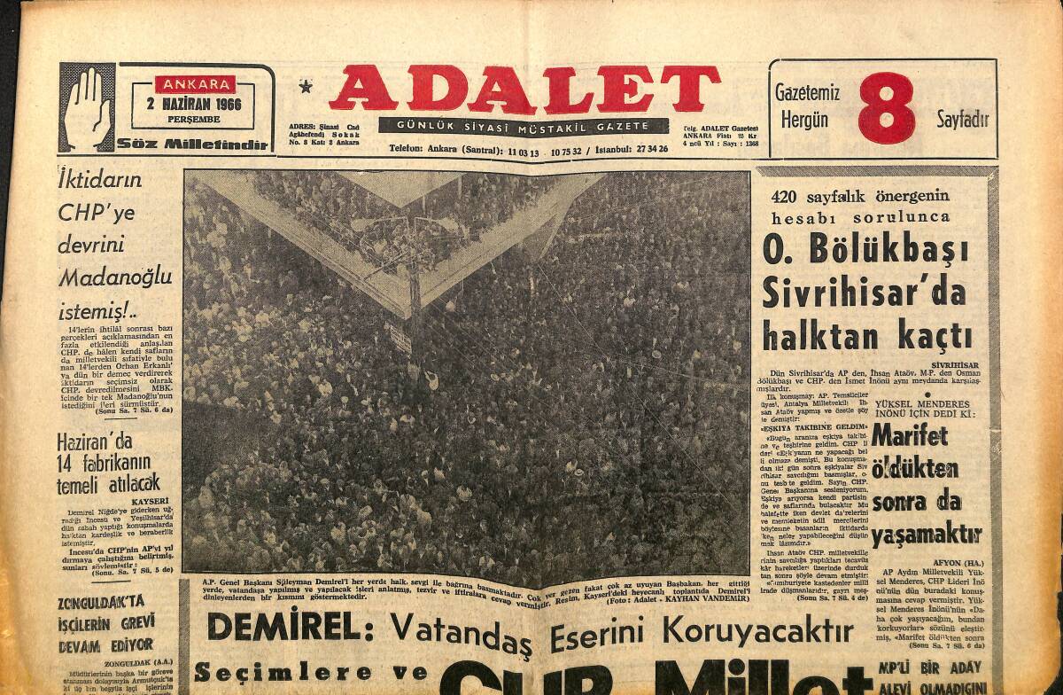 Adalet Gazetesi 2 Haziran 1966 - O.Bölükbaşı Sivrihisar'da Halktan Kaçtı - Antalya Film Festivalinde Hadiseler GZ160465 - 1