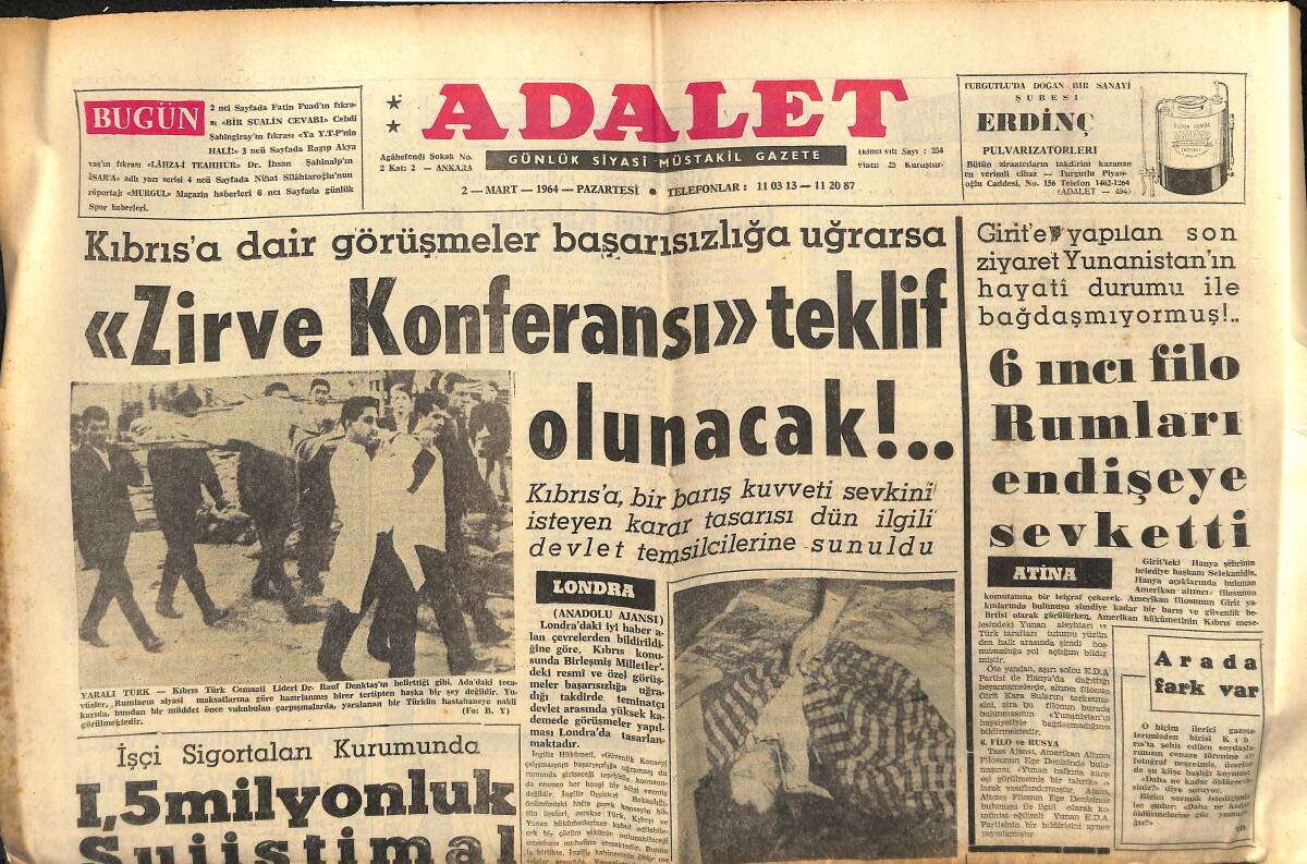 Adalet Gazetesi 2 Mart 1964 - İşçi Sigortaları Kurumunda 1,5 Milyonluk Suistimal - 6. Filo Rumları Endişeye Sevketti! GZ139824 - 1